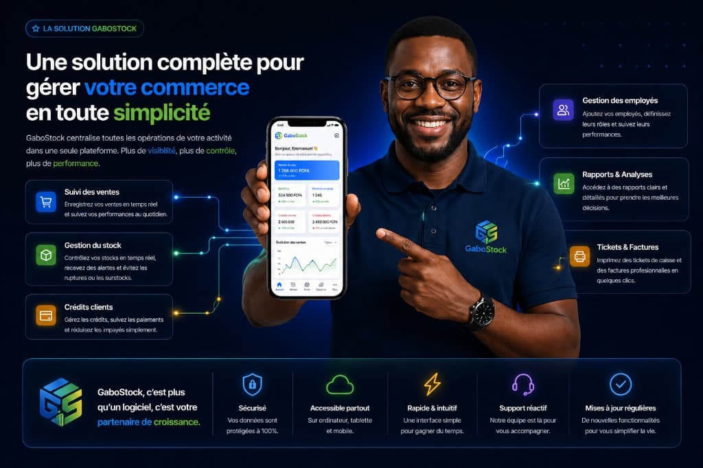 Commerçant tenant le téléphone avec le tableau de bord GaboStock